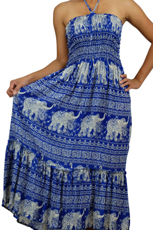 Dokbaw Halter Elephant Dress Blue