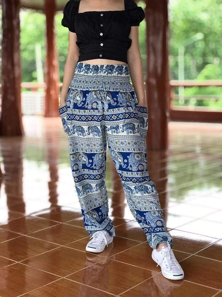 Lay Chang Phun White & Black Elephant Pants - Elephant Shirt Store